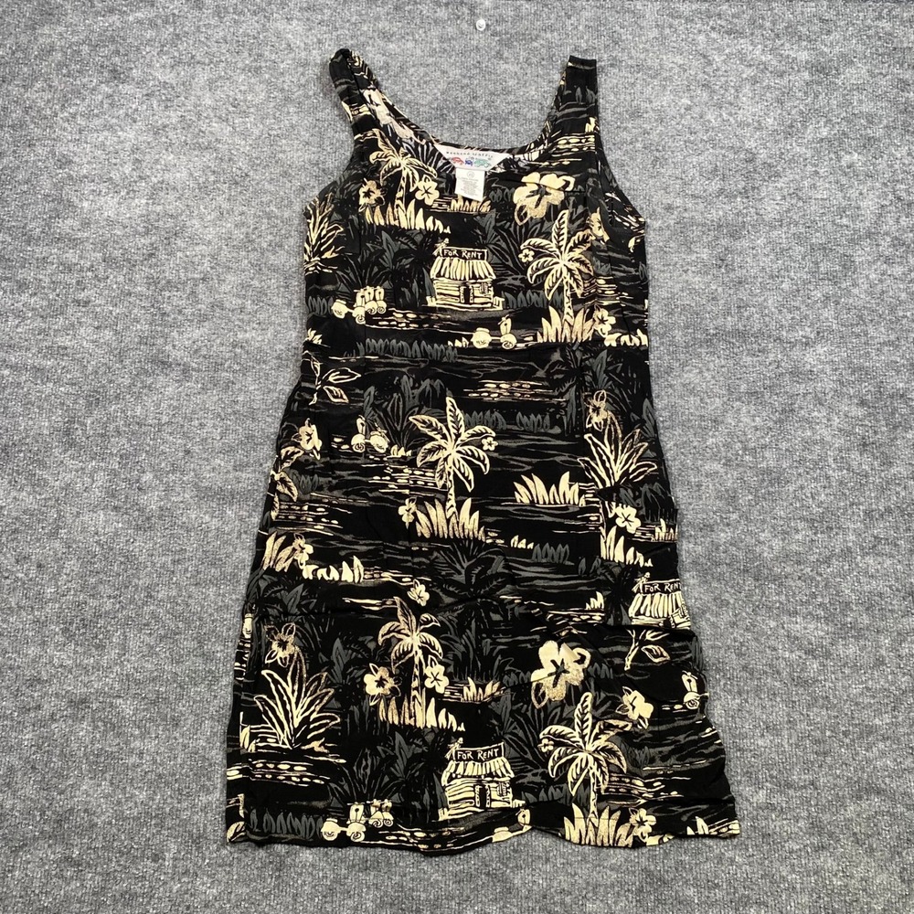 Weekend Traffic Vintage 90s Tropical Island Print Rayon Shift Dress Black XS‎
